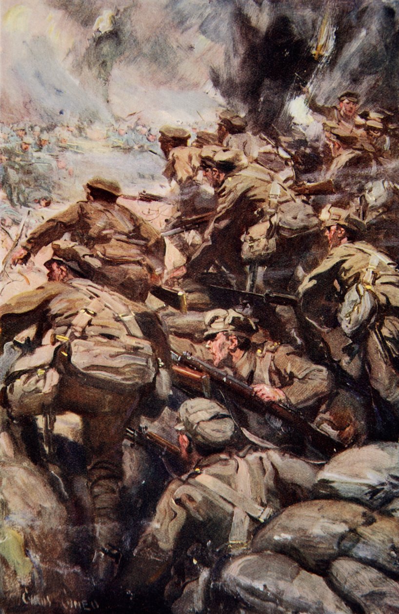 "Repelindo um ataque frontal com rifle e baioneta", ilustração de "Told in the Huts: The YMCA Gift Book", publicado em 1916 de Cyrus Cuneo