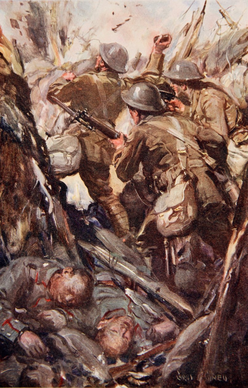 "Eles bombardearam e baionetearam seu caminho até a trincheira do inimigo", ilustração de "Told in the Huts: The YMCA Gift Book", publicado em 1916 de Cyrus Cuneo
