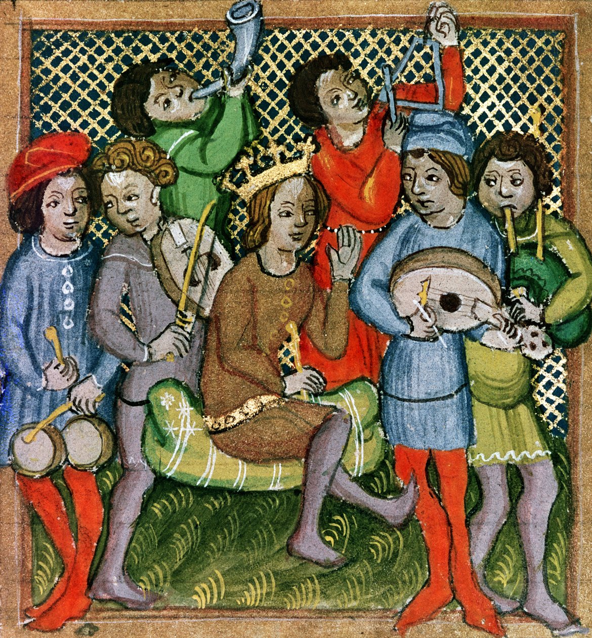 Figura coroada sentada cercada por músicos tocando alaúde, gaita de foles, triângulo, chifre, viola e bateria (manuscrito) de Czech School