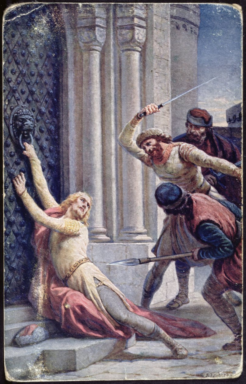 Assassinato de Saint Wenceslas por seu irmão Boleslav nos degraus de uma igreja, início do século XX cartão postal de Czech School