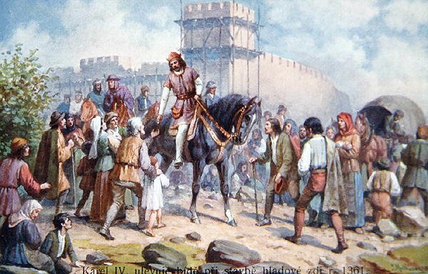 Carlos IV cumprimentando o povo comum durante sua expansão das fortificações de Praga em 1361, cartão postal do início do século XX (cor litho) de Czech School