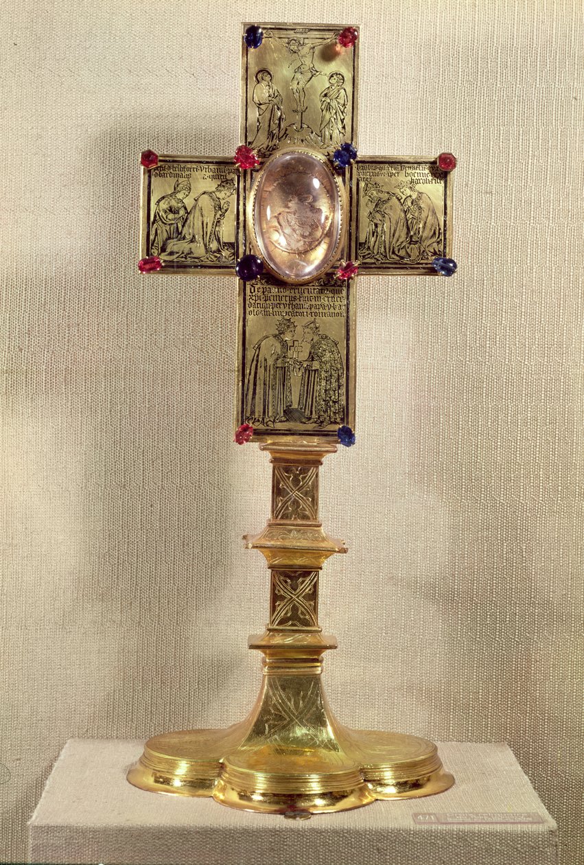 Relicário cruz do Papa Urbano V (1310-70) 1368-78 (ouro, cristal e pedras preciosas) de Czech School