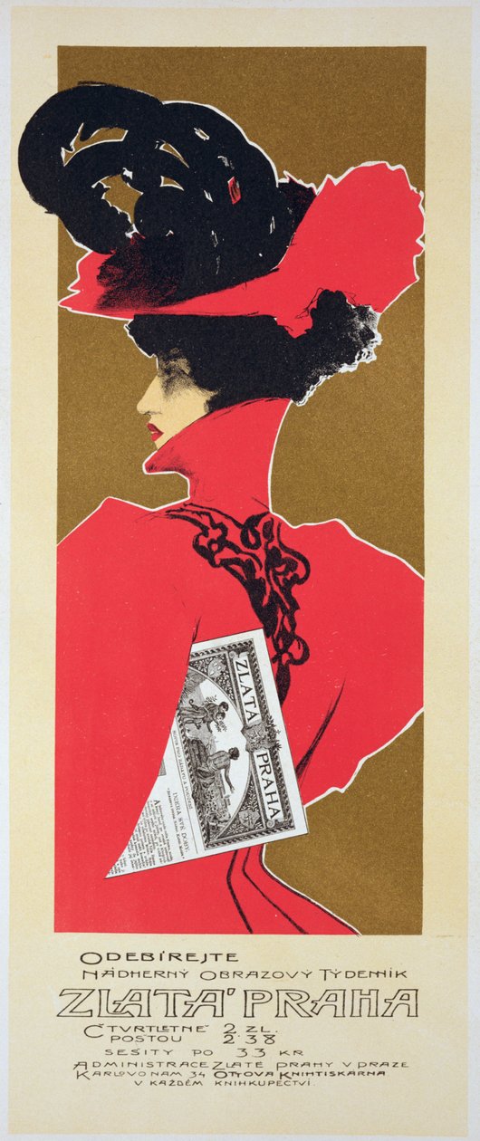Reprodução de um cartaz publicitário de Zlata Praha, um jornal ilustrado semanal, Praga de Czech School