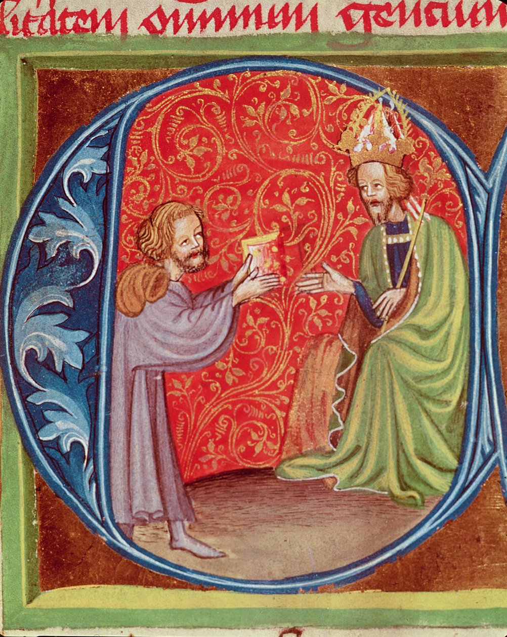 O Autor Oferecendo seu Livro a Carlos IV (1316-78) da Boêmia, do Opus Ruralium Commodorum por Pietro de Crescenzi (1230-1321) de Czech School