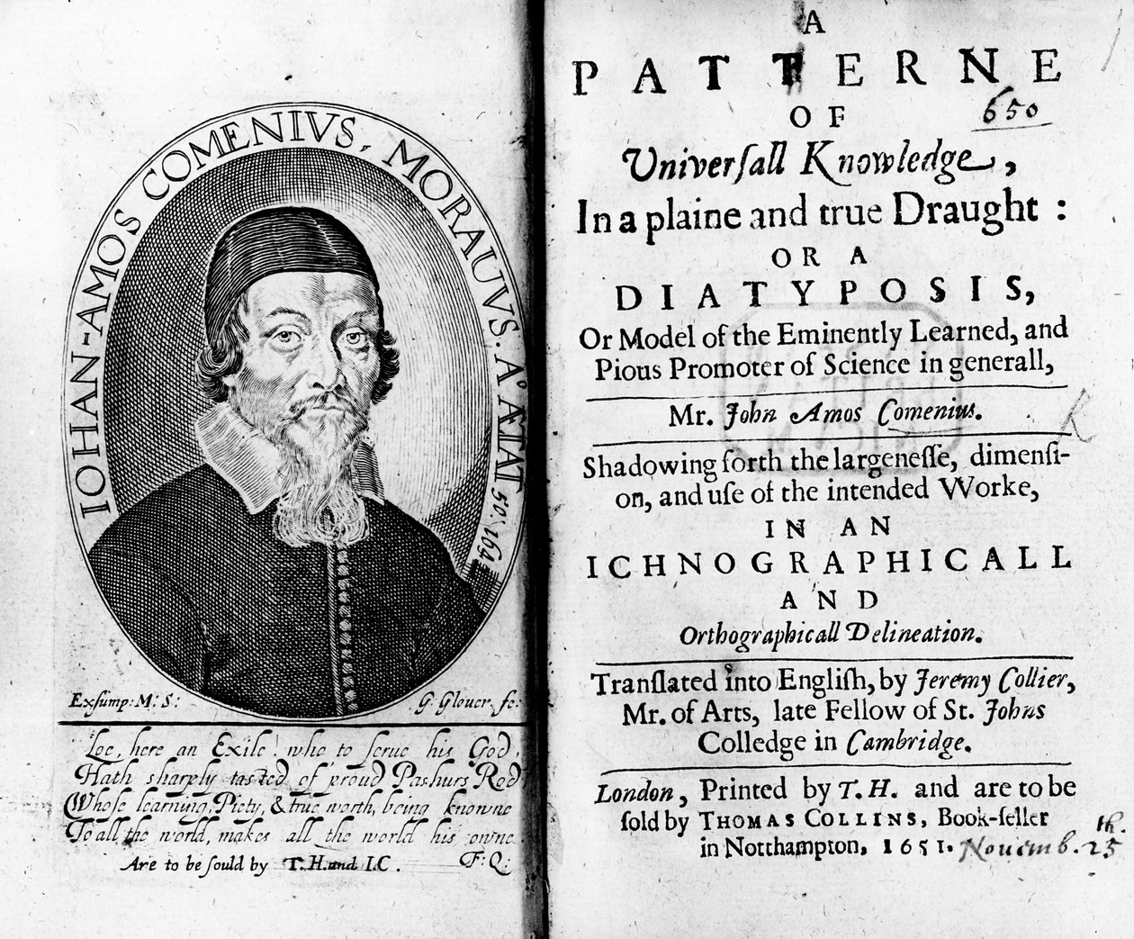 Titlepage e Frontispício para um padrão de conhecimento universal, incluindo um retrato de Jan Amos Komensky, gravado por George Glover, 1651 de Czech School