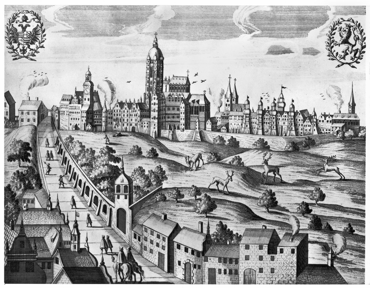 Vista de Praga mostrando o Palácio Imperial e a Faculdade de Teologia, c.1618 de Czech School