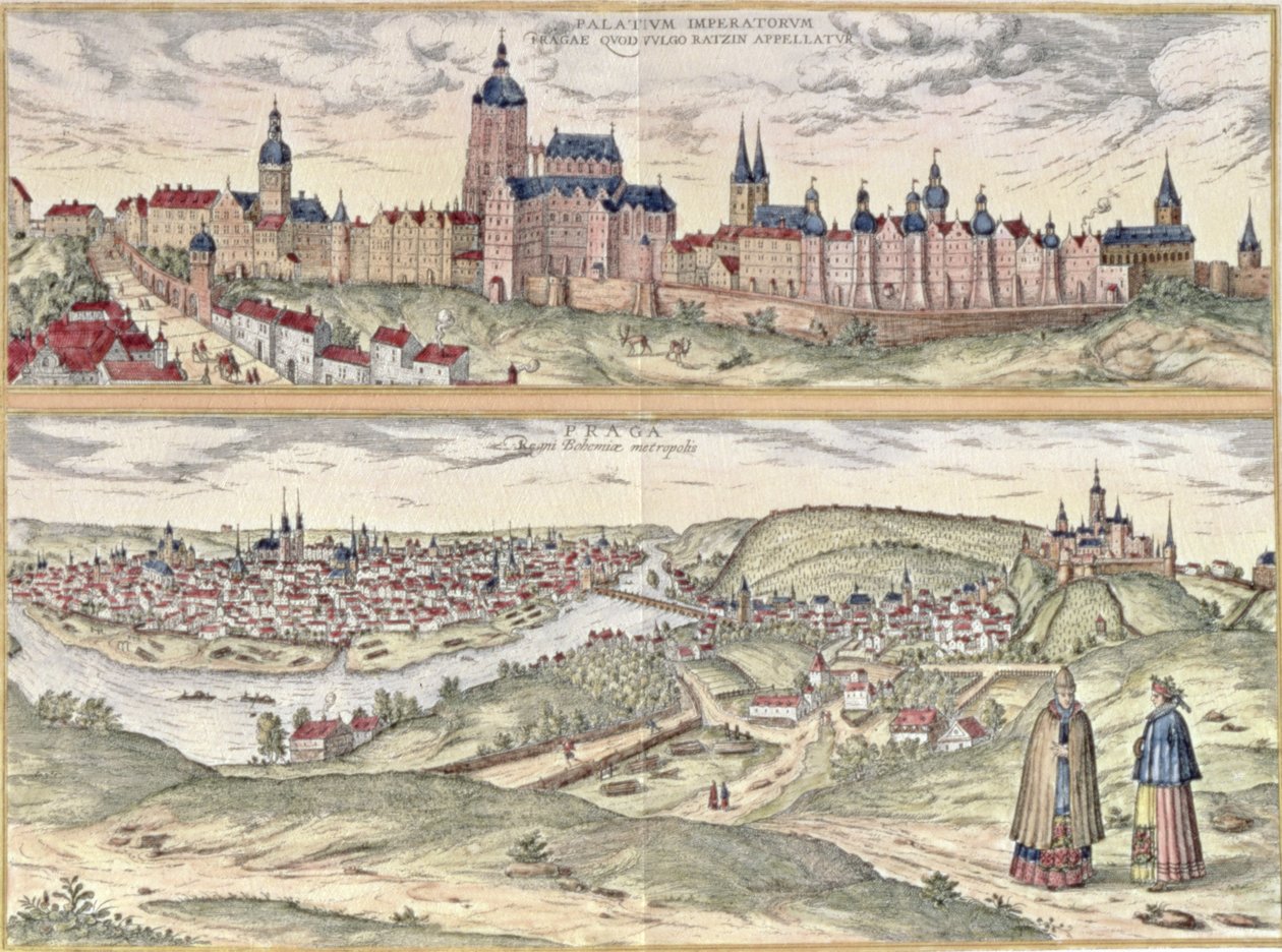 Vista de Praga mostrando (acima) o Palácio Imperial (Hradschin) e (abaixo) o rio Vltava que separa as secções antigas e modernas da cidade (gravura) de Czech School