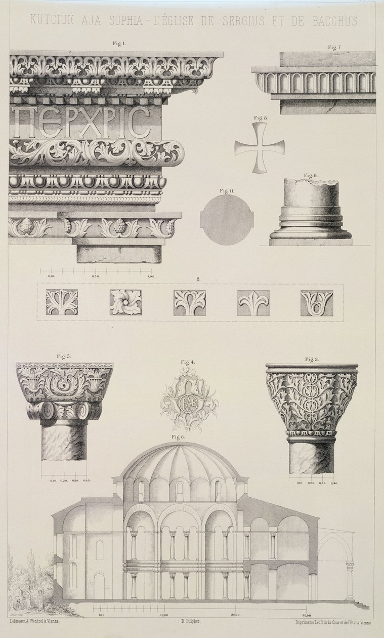 Seção transversal e detalhes arquitetônicos de Kutciuk Aja Sophia, a igreja de Sérgio e Baco, da "Arquitetura da Igreja de Constantinopla", pub. por Lehmann e Wentzel de Viena, c.1870-80 de D. Pulgher