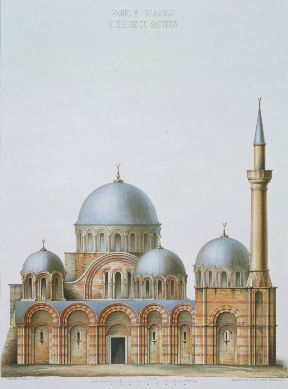 Fachada de Kahrije Dzamissi, a Igreja do Salvador, de &39;Church Architecture of Constantinople&39;, pub. por Lehmann e Wentzel de Viena, c.1870-80 de D. Pulgher