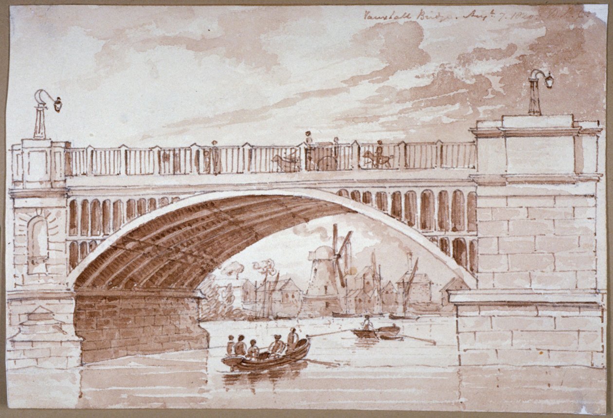 Vista de um pequeno barco passando por baixo da ponte Vauxhall, Londres, 1820. de DHC