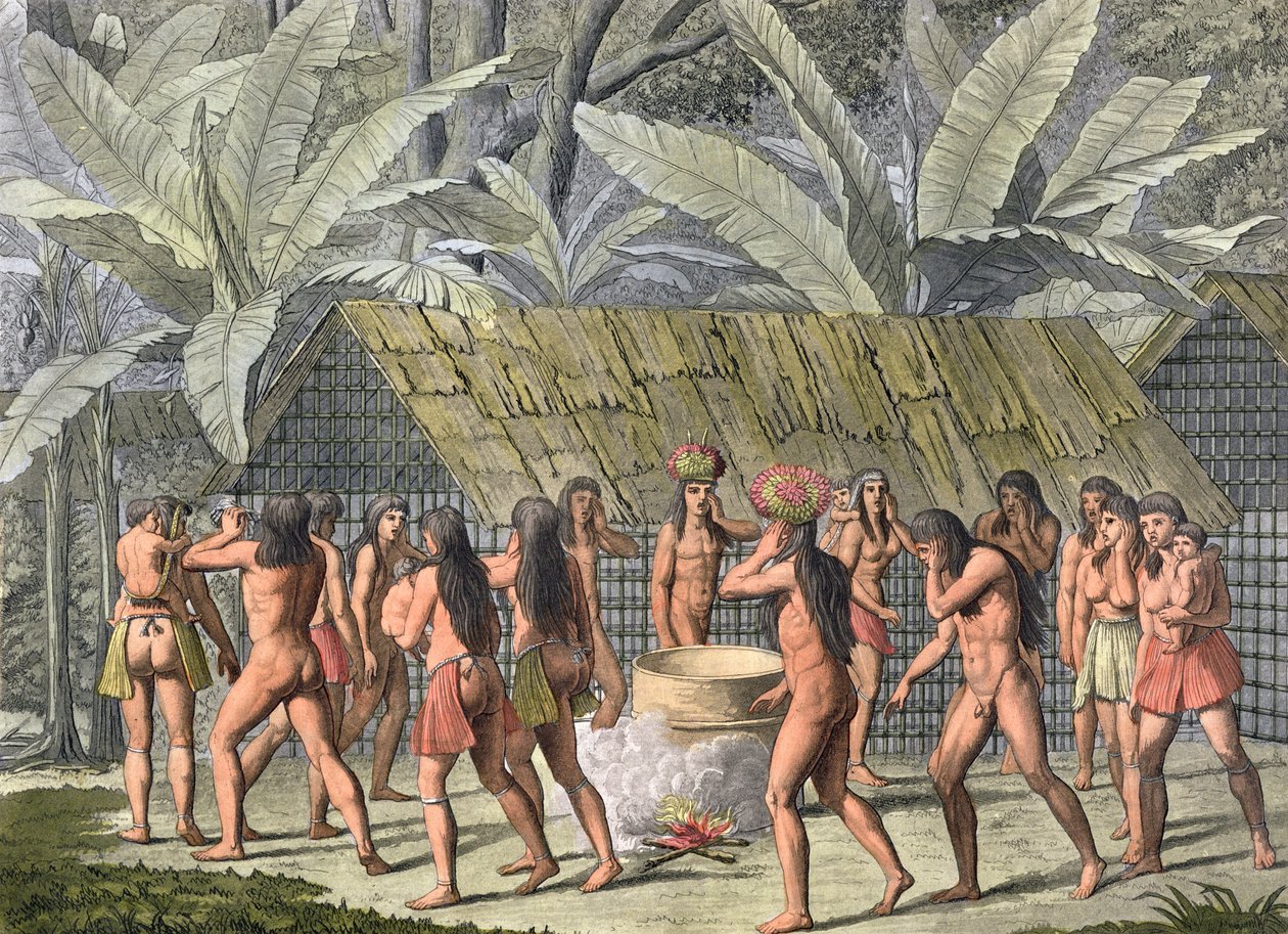 Festival de Dança dos índios Camacani, Brasil, de &39;Le Costume Ancien et Moderne&39;, Volume I, placa 46, de Jules Ferrario, publicado c.1820s-30s (gravura a cores) (ver também 177057) de D.K. Bonatti