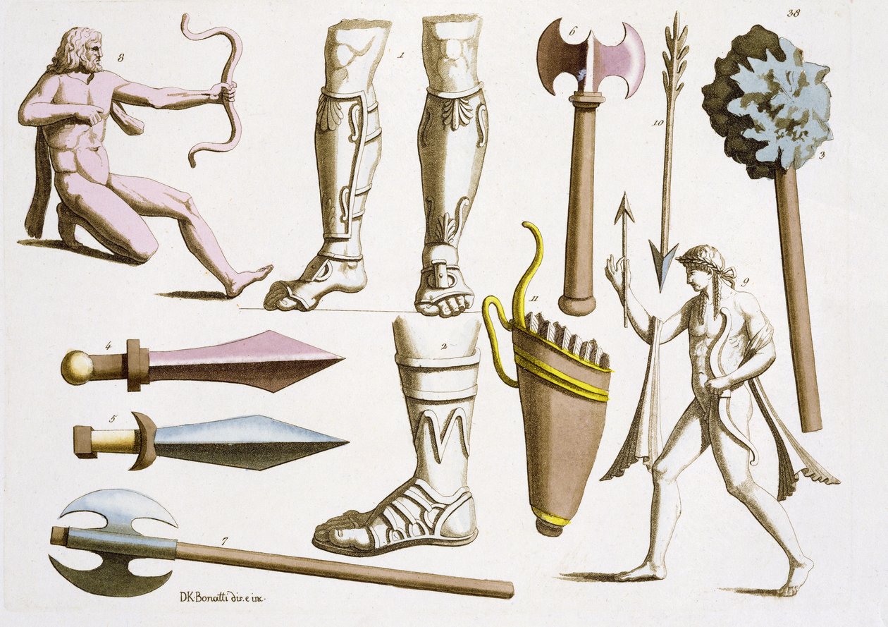 Soldados gregos, armas e armaduras, placa 38 de &39;Le Costume Ancien et Moderne&39; por Jules Ferrario, publicado c.1820s-30s de D.K. Bonatti