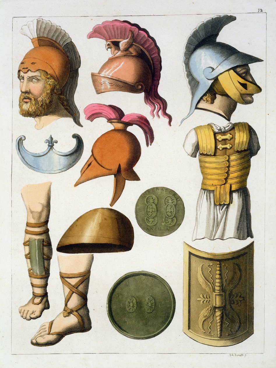 Equipamento militar romano, de &39;The Old and Modern Costume&39; de Jules Ferrario, publicado em c.1820s-30s de D.K. Bonatti