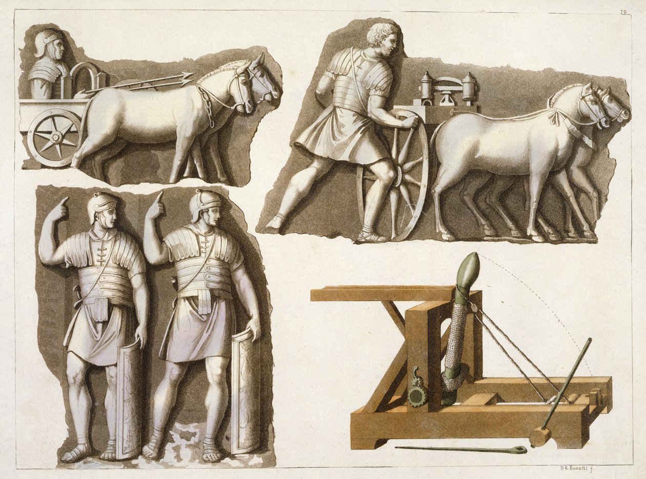 Armas militares romanas e equipamentos, de &39;Le Costume Ancien et Moderne&39; por Jules Ferrario, publicado c.1820s-30s de D.K. Bonatti