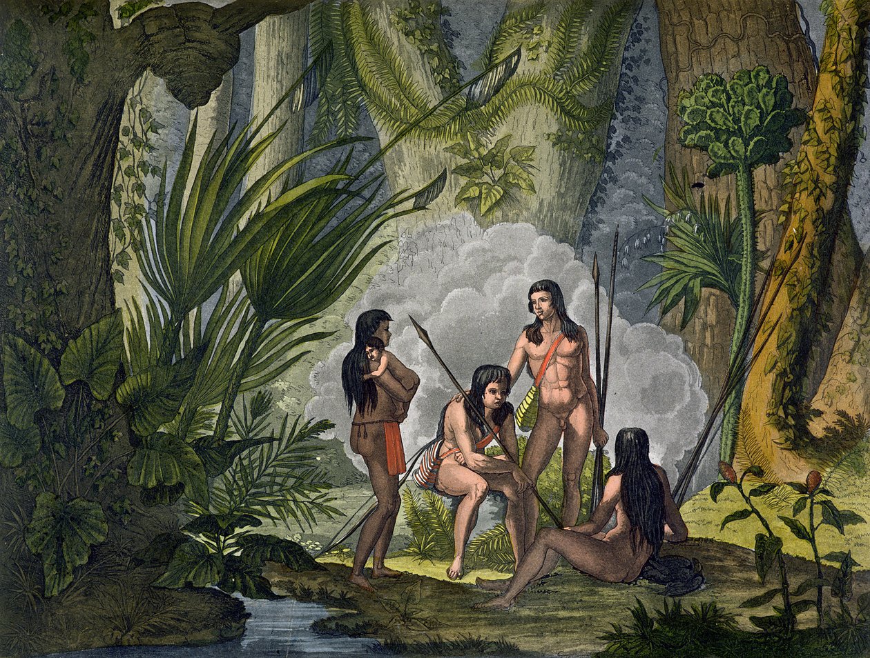 Camacani Tribesmen in Woodland, na selva amazônica, Brasil, de &39;Le Costume Ancien et Moderne&39;, Volume I, placa 53, por Jules Ferrario, publicado c.1820s-30s (gravura colorida) de D.K. Bonatti