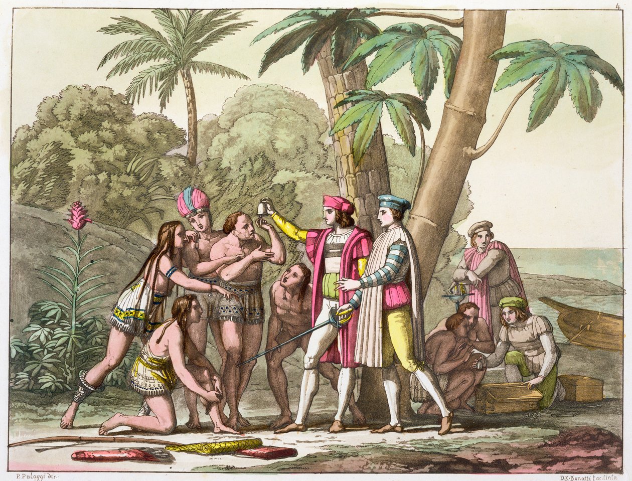 Cristóvão Colombo com nativos americanos, 1492-1503 c1820-1839 de DK Bonatti