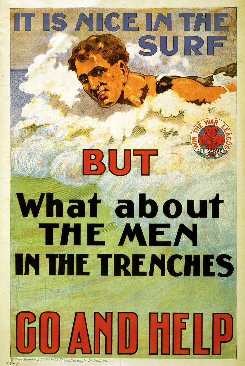 É bom no surf, mas e os homens nas trincheiras. Vá e ajude. 1917 (litografia) de D. H. Souter