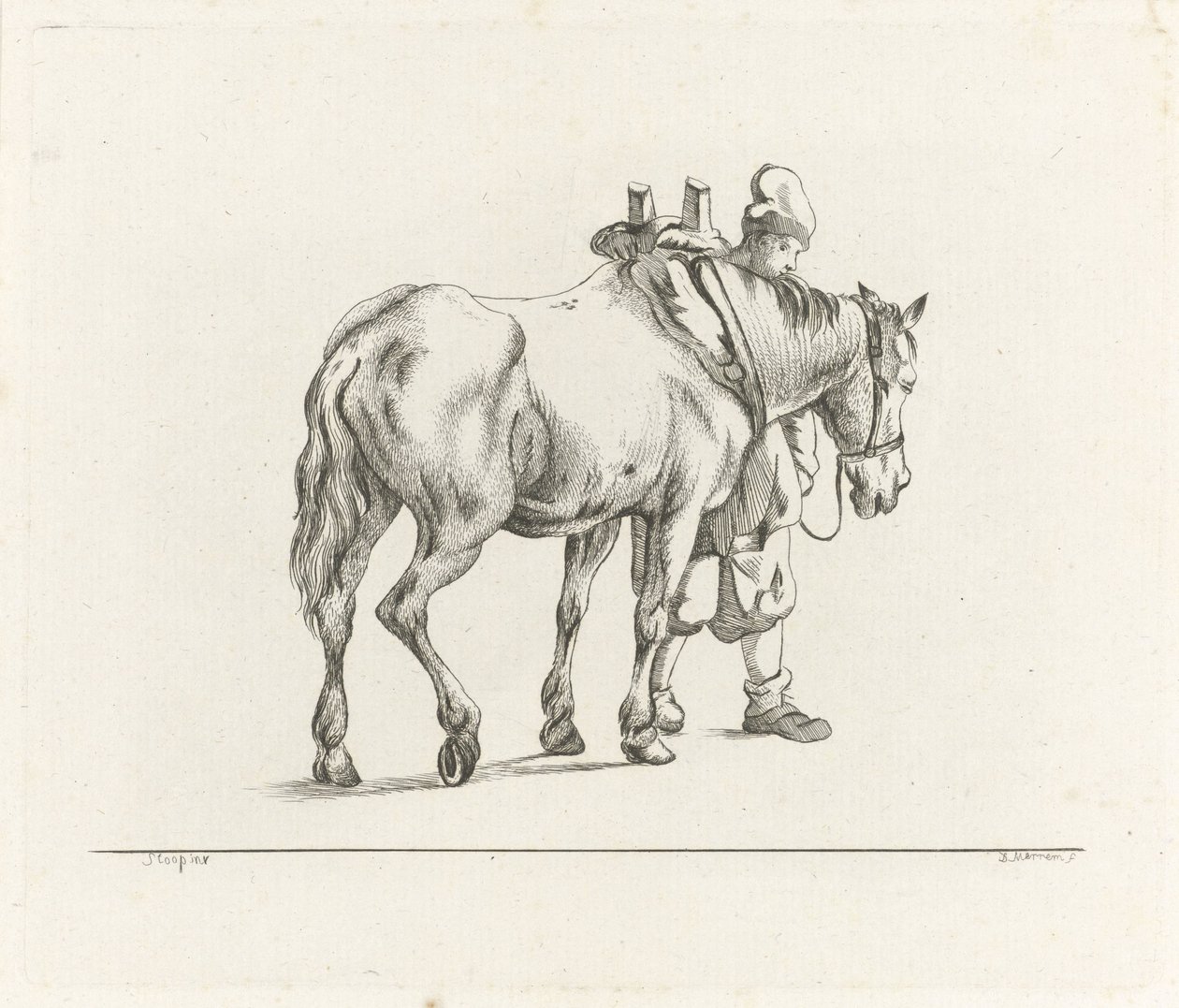Homem a caminhar ao lado de um cavalo de D. Merrem