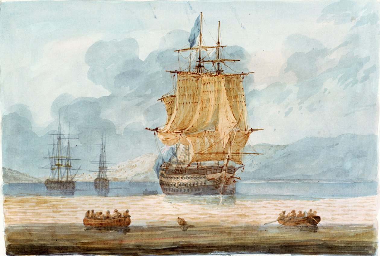 Homem de guerra britânico e outros navios num ancoradouro, com barcos em primeiro plano, c.1798-1805 (aguarela) de D. Tandy