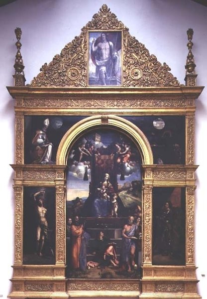 Virgem e Menino entronizados com os santos (óleo) de D. and Garofalo Dossi