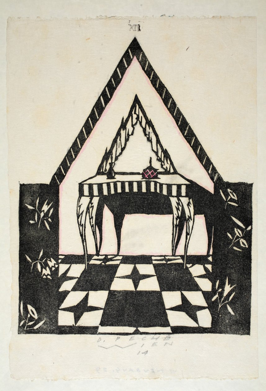 Projeto para uma penteadeira, placa 12, livro 3, ilustração de &39;Wiener Werkstatte modo 191415&39;, pub. Eduard Kosmack, Viena, 1914-1915 (linogravura colorida à mão) de Dagobert Peche