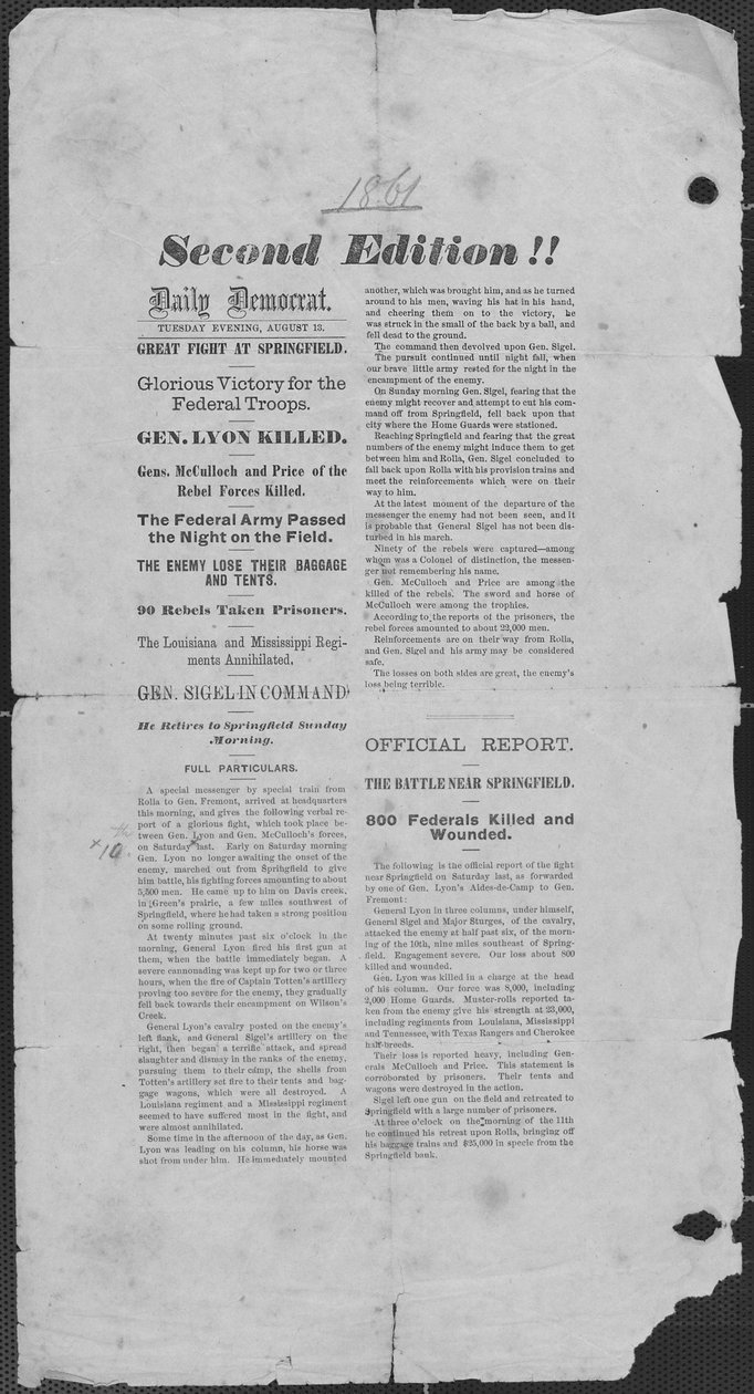 Contém conta da batalha de Wilson&39;s Creek, Missouri de Daily Democrat