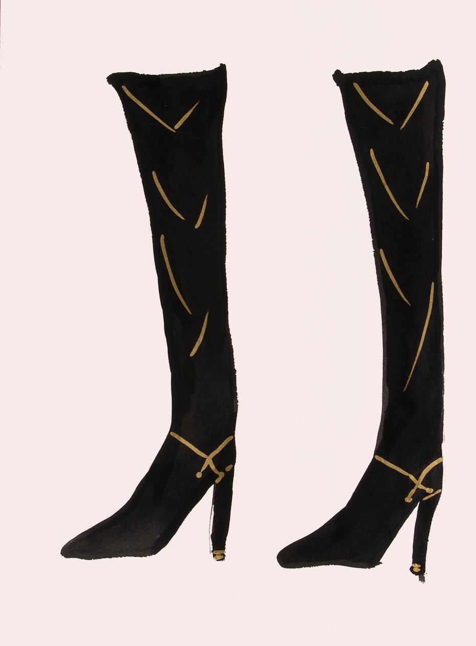 Black Boots, 2017 (tinta da China preta, com caneta de feltro dourada sobre papel) de Daisy de Villeneuve