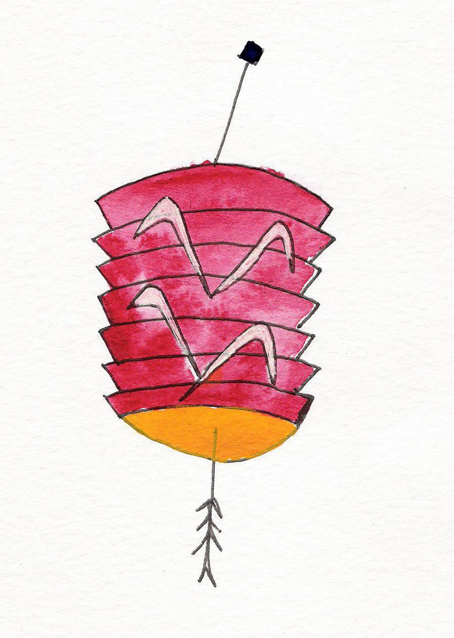 Lanterna chinesa, 2107 (tinta da China vermelha, amarela, branca e preta sobre papel) de Daisy de Villeneuve
