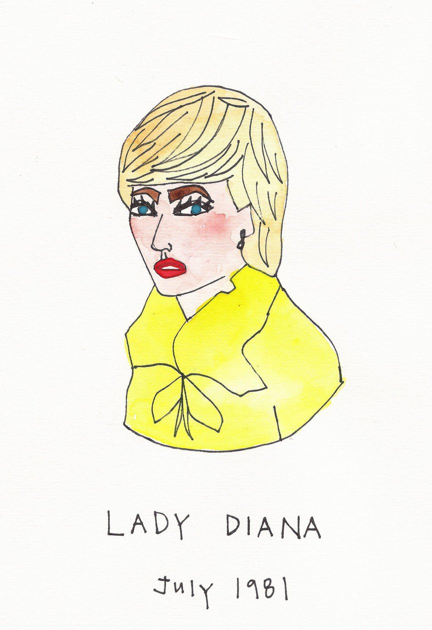 Lady Diana, 2017 (tinta da China amarela, vermelha, azul e castanha com caneta de feltro sobre papel) de Daisy de Villeneuve