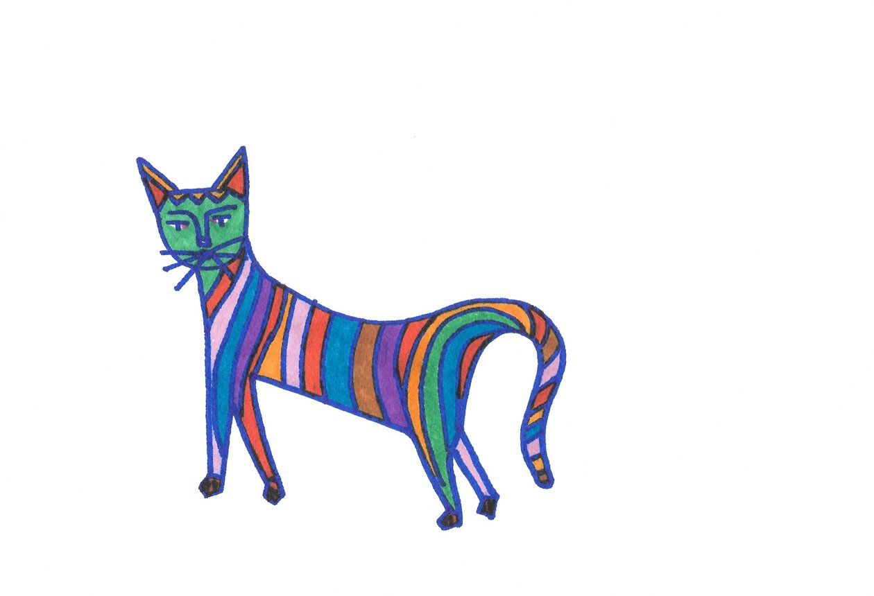 Gato arco-íris (ponta de feltro sobre papel) de Daisy de Villeneuve