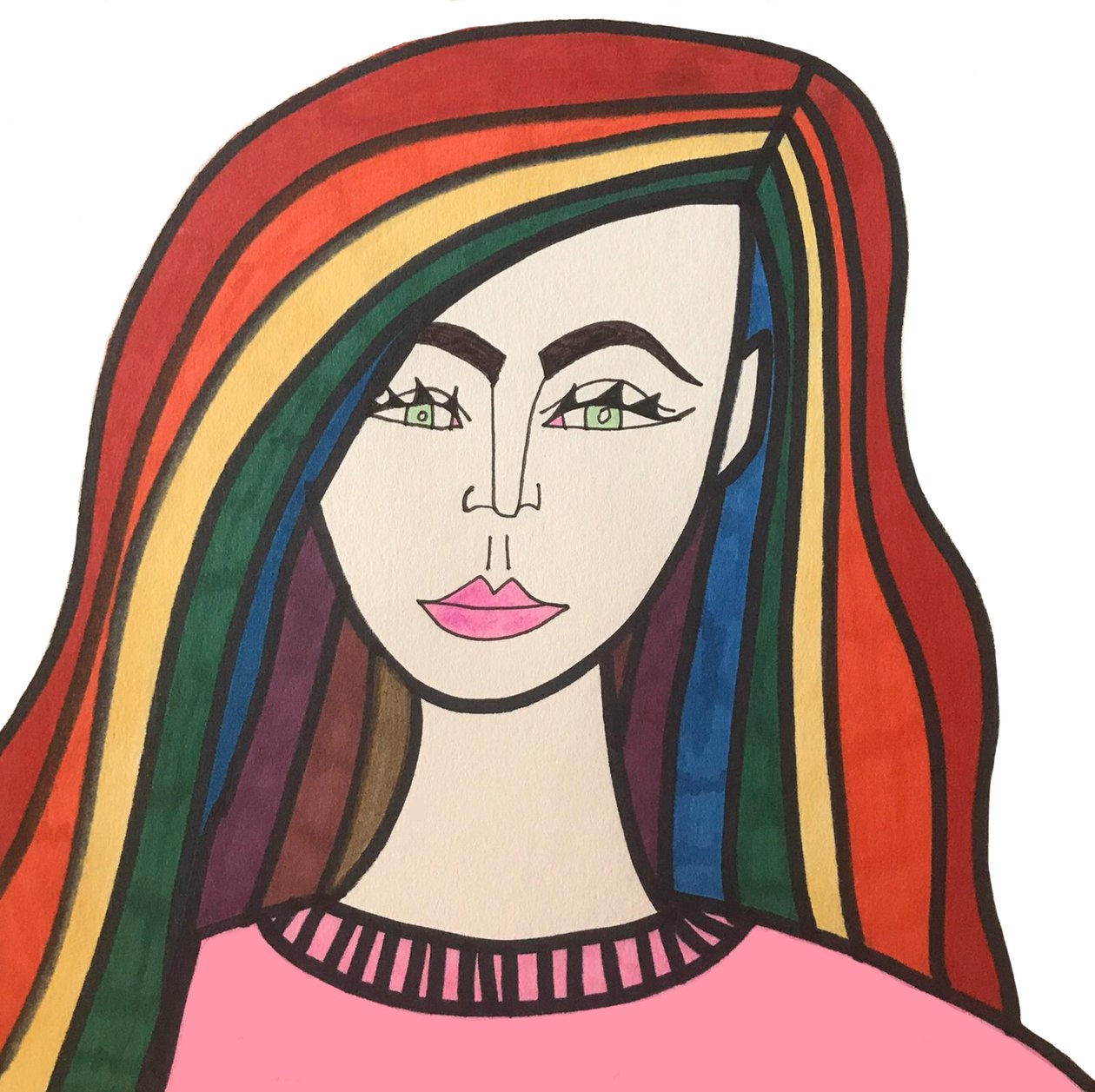 Rapariga com cabelo arco-íris (ponta de feltro sobre papel) de Daisy de Villeneuve