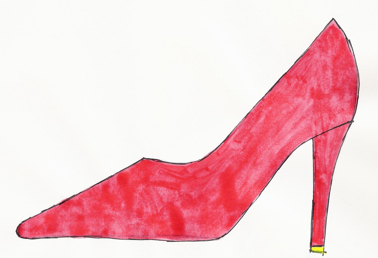 Red Shoe, 2017 (tinta da China vermelha e amarela com caneta de feltro sobre papel) de Daisy de Villeneuve