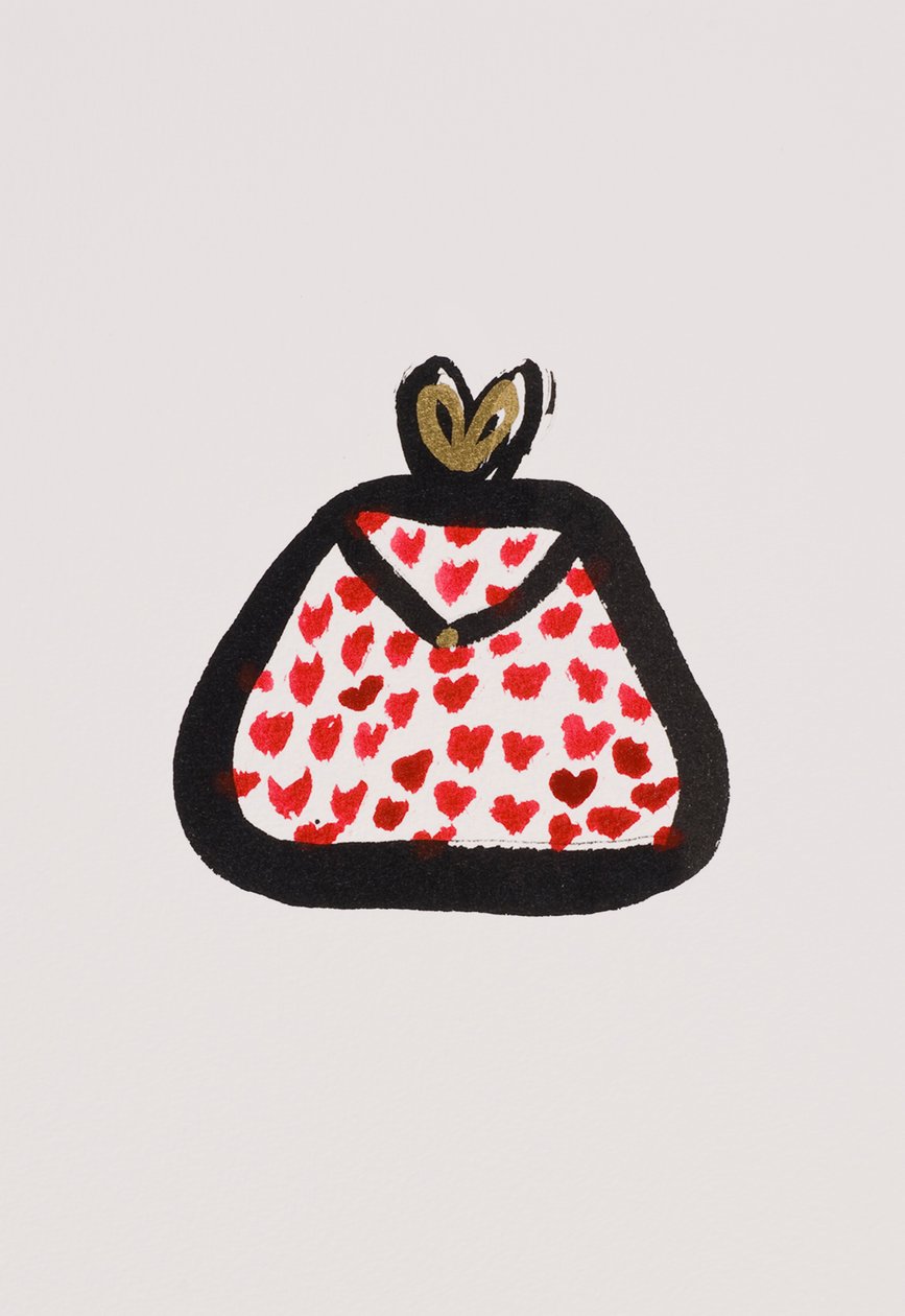 Red Spotty Purse, 2017 (tinta da China vermelha e preta com caneta de feltro dourada sobre papel) de Daisy de Villeneuve