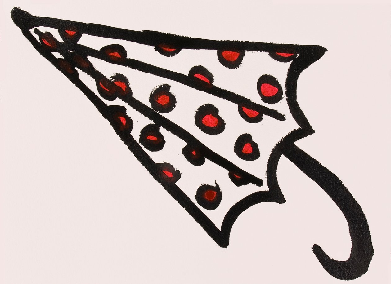 Red Spotty Umbrella, 2017 (tinta da China vermelha e preta sobre papel) de Daisy de Villeneuve