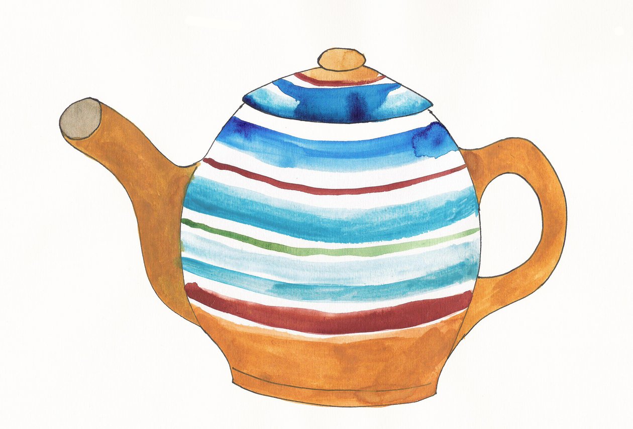 Bule de chá, 2017 (tinta da China castanha, azul, vermelha e verde sobre papel) de Daisy de Villeneuve
