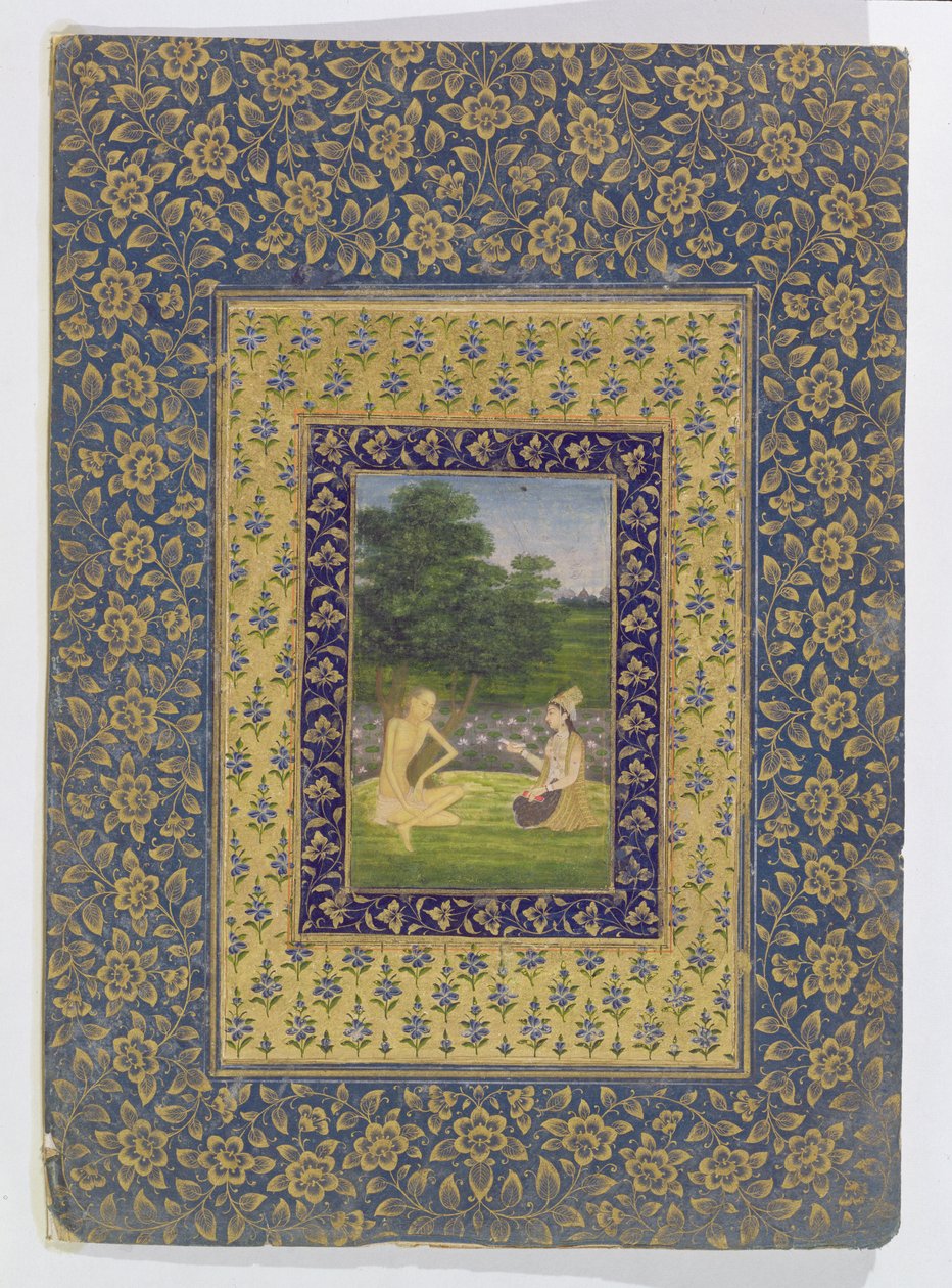 Layla Reading para Majnun, que senta-se debaixo de uma árvore por uma piscina de lótus, Delhi, c.1720-40 de Dal Chand