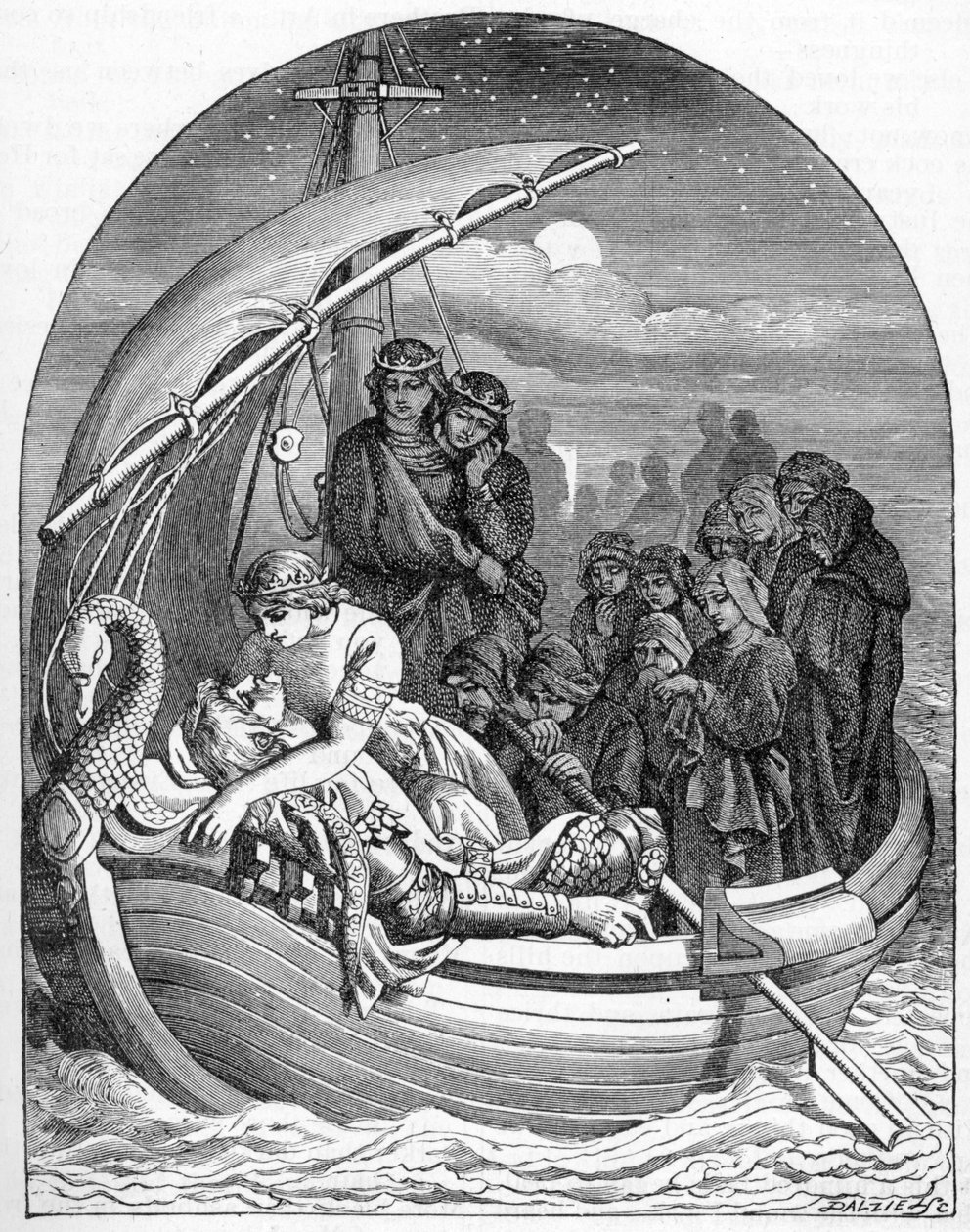 O moribundo Rei Arthur é levado para Avalon em um navio mágico com três rainhas, 1901 de Dalziel Brothers