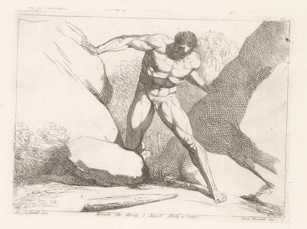 Hércules separa as rochas Calpe e Abila (os Pilares de Hércules)
Ercole che divide i Monti Abila e Calpe (título sobre o objecto) de Damiano Pernati