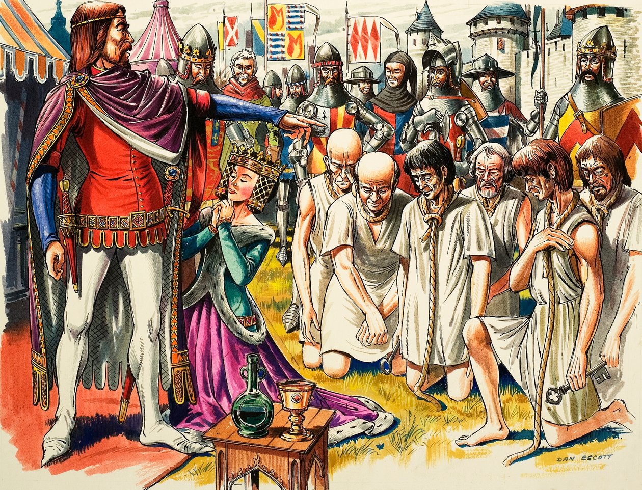 Os burgueses de Calais e o rei Eduardo III de Inglaterra em 1347 (guache sobre papel) de Dan Escott