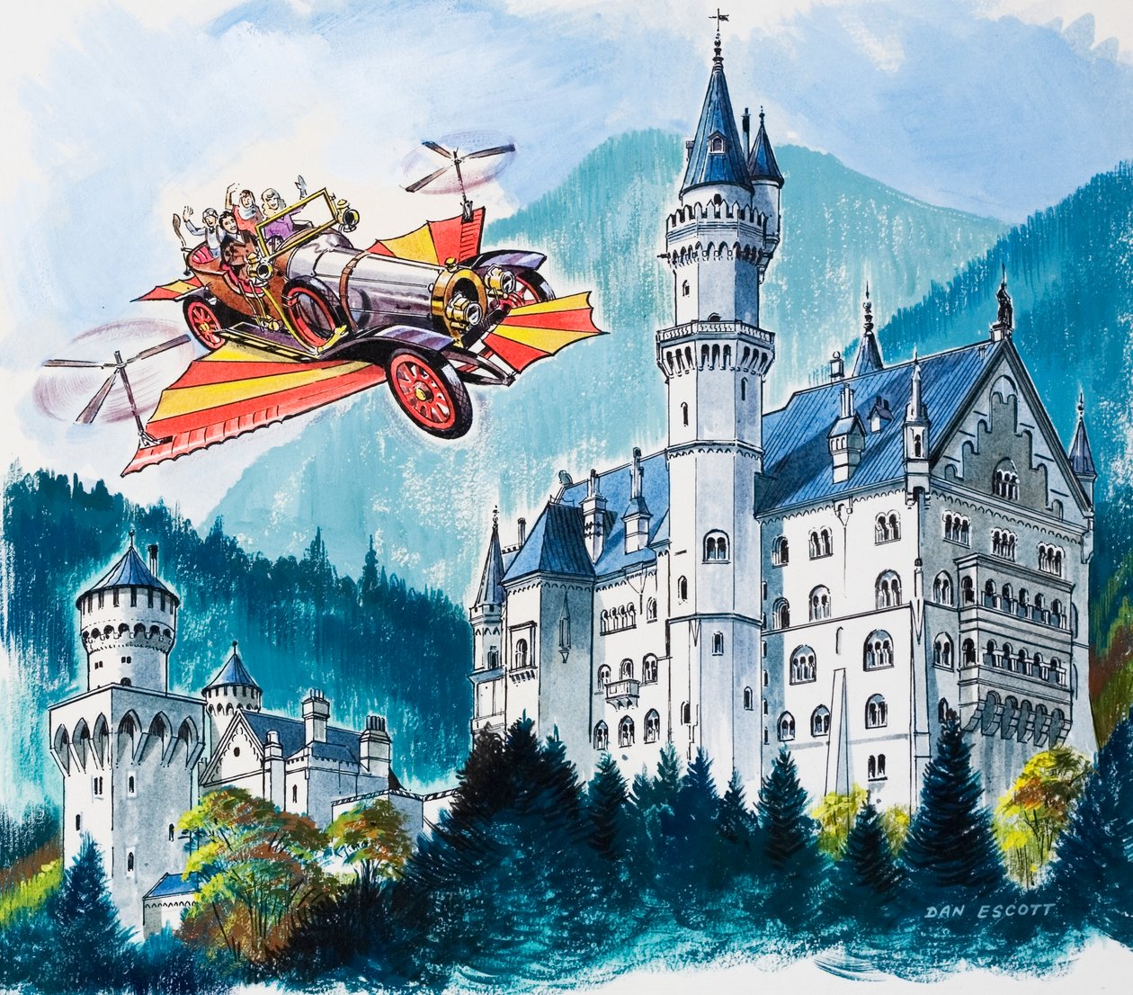 Chitty Chitty Bang Bang passa por Neushwanstein nos Alpes Bávaros de Dan Escott