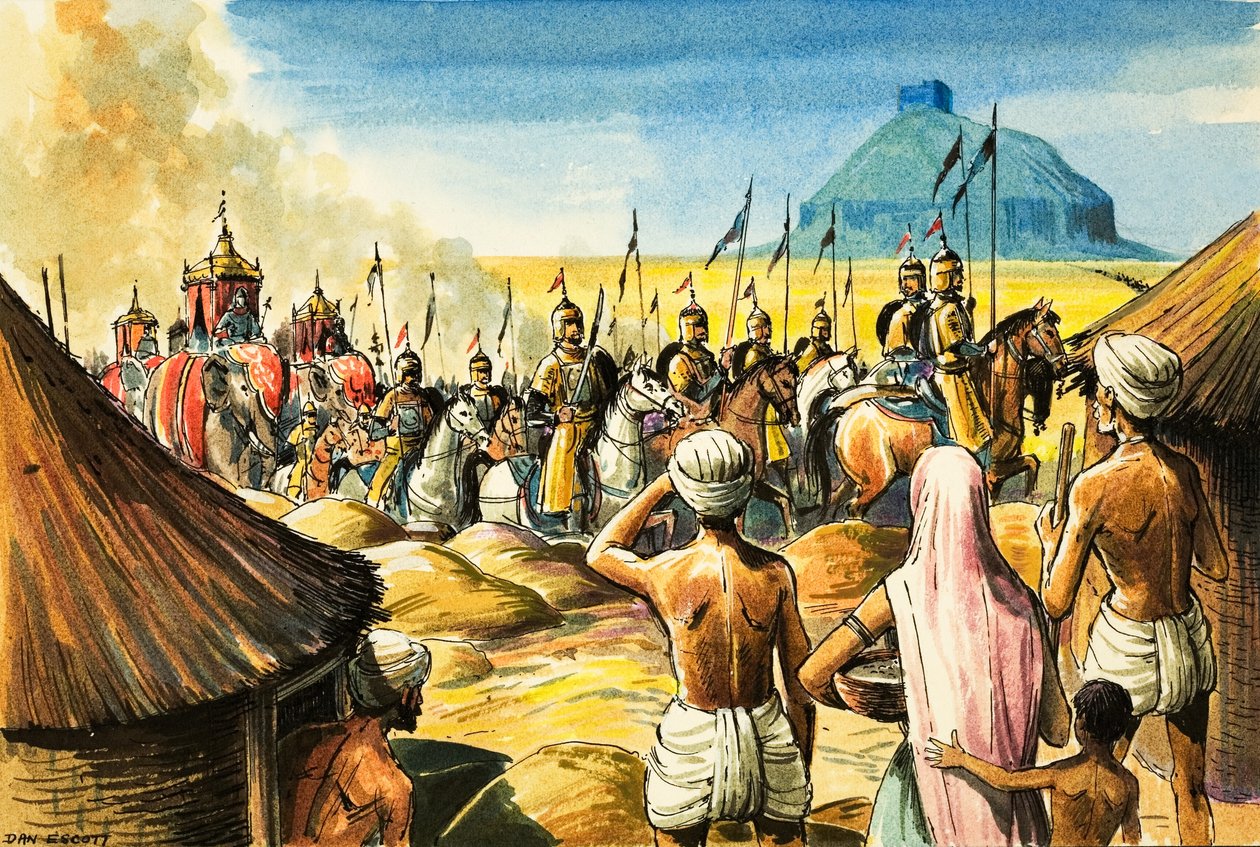Nativos indianos observam uma procissão de elefantes e soldados que se aproximam de um forte (guache sobre papel) de Dan Escott