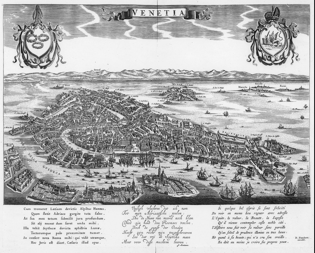 Mapa de Veneza com três textos em latim, holandês e francês de Dancker Danckerts