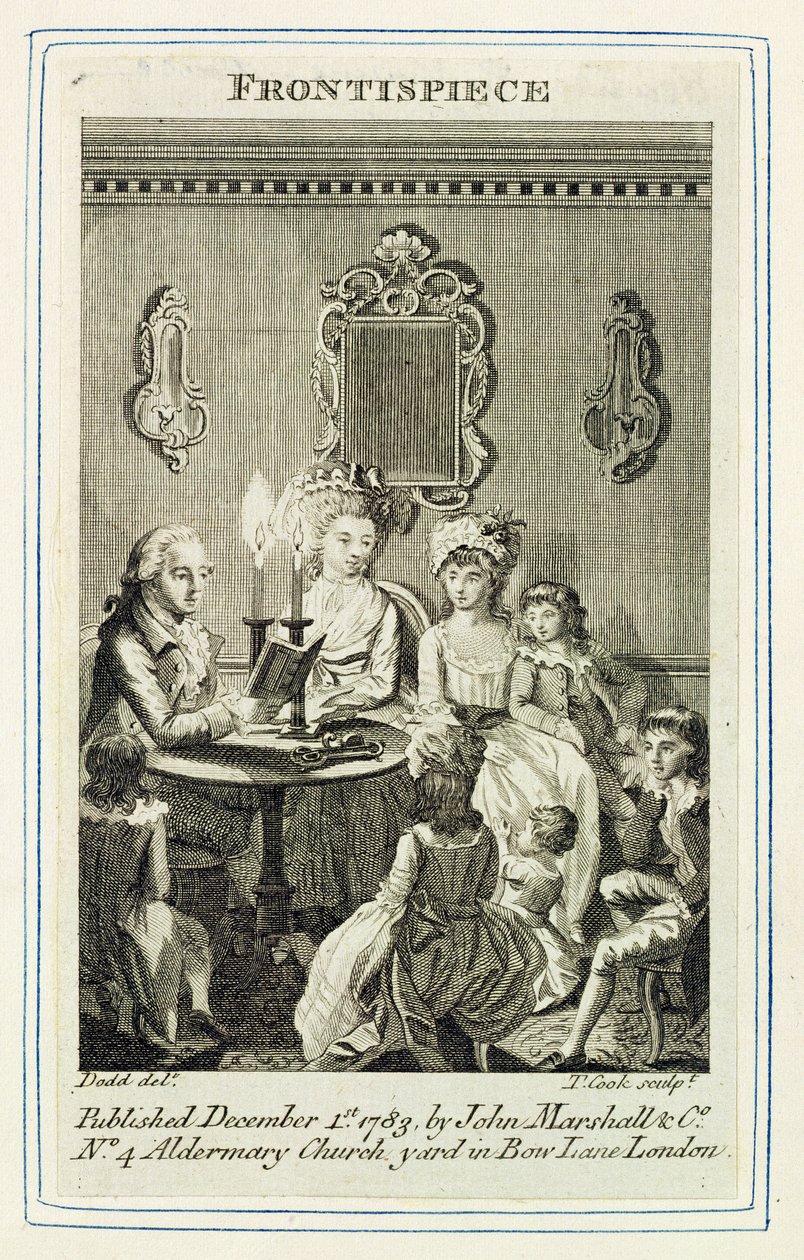 Um pai lendo para sua família à luz de velas, gravado por Thomas Cook (1744-1818) frontispício para um pub de livros. por John Marshall und Co., 1783 de Daniel Dodd