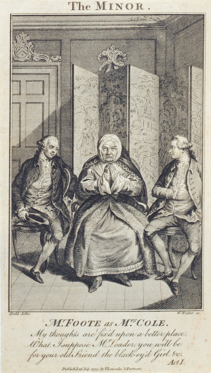 Foote como a sra. Cole em "The Minor", gravada por W. Walker, 1777 de Daniel Dodd