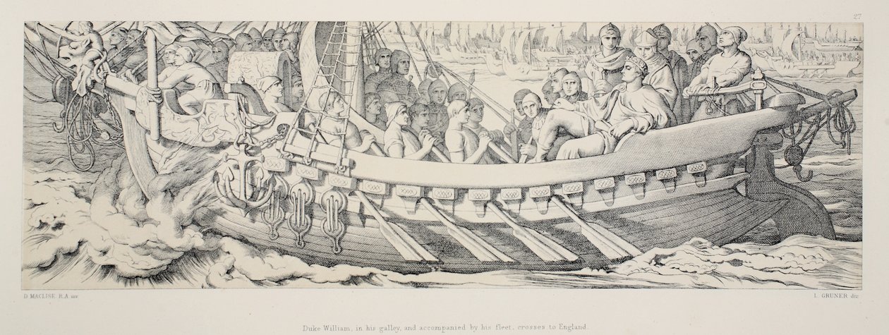 O duque William, em sua galera, e acompanhado por sua frota, cruza para a Inglaterra, de "A história da conquista normanda", gravada por L. Gruner, 1866 de Daniel Maclise