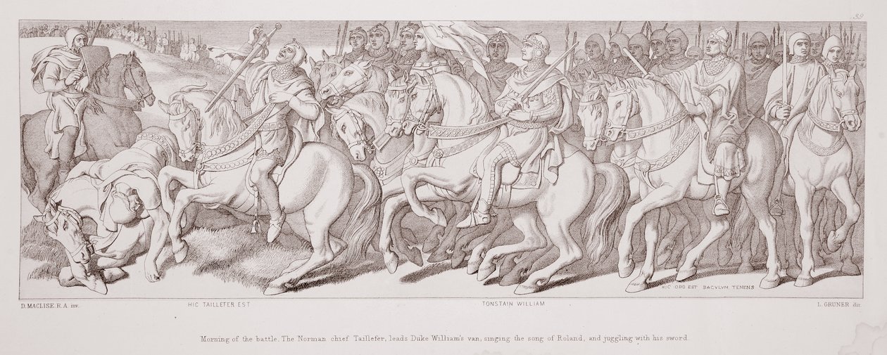 Na manhã da batalha, o chefe normando Taillefer lidera a van do duque William, cantando a música de Roland e fazendo malabarismos com sua espada, de "A história da conquista normanda", gravada por L. Gruner, 186 de Daniel Maclise