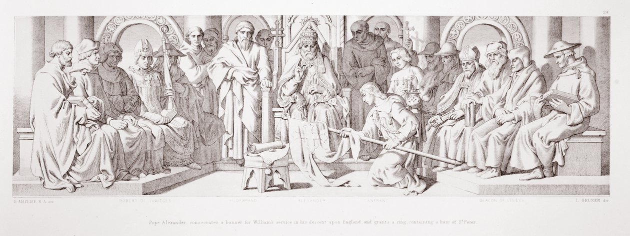 O papa Alexandre consagra uma bandeira para o serviço de Guilherme em sua descida à Inglaterra e concede um anel contendo um pêlo de São Pedro, de "A História da Conquista Normanda", gravado por L. Gruner, de Daniel Maclise