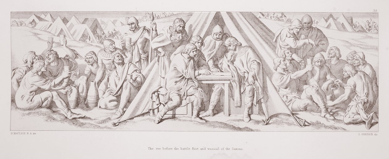 A véspera da batalha, motim e wassail dos saxões, de "A história da conquista normanda", gravada por L. Gruner, 1866 de Daniel Maclise