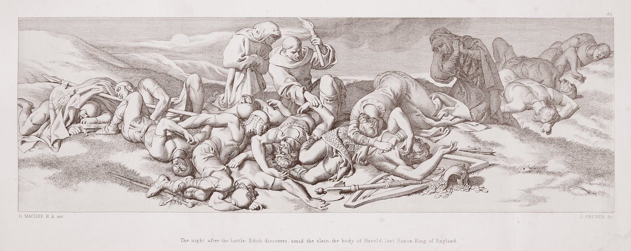 Na noite após a batalha, Edith descobre, em meio aos mortos, o corpo de Harold, o último rei saxão da Inglaterra, de "A História da Conquista Normanda", gravada por L. Gruner, 1866 de Daniel Maclise