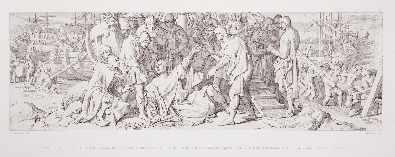 William tropeça ao aterrissar, mas, segurando a terra com a mão, diz que se apodera do solo inglês, e assim tranquiliza seus seguidores, que consideravam sua queda um mau presságio. de Daniel Maclise